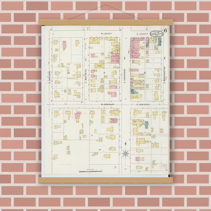 Old map wall art mockup — magnetic wood frame on brick wall — Sanborn Fire Insurance Map from Charlotte, Eaton County, Michigan (1895), Sheet #0006