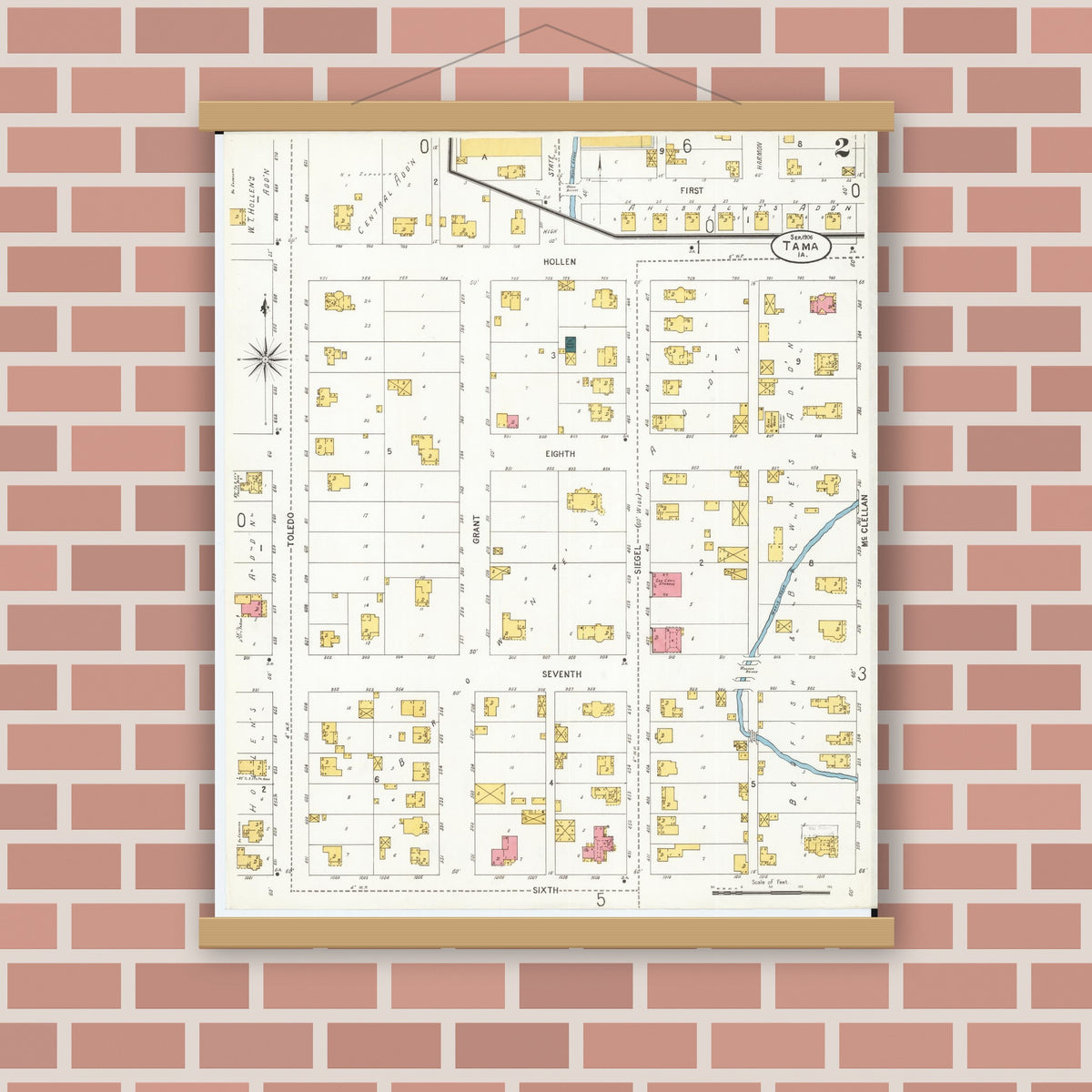 Old map wall art mockup — magnetic wood frame on brick wall — Sanborn Fire Insurance Map from Tama, Tama County, Iowa (1906), Sheet #0002