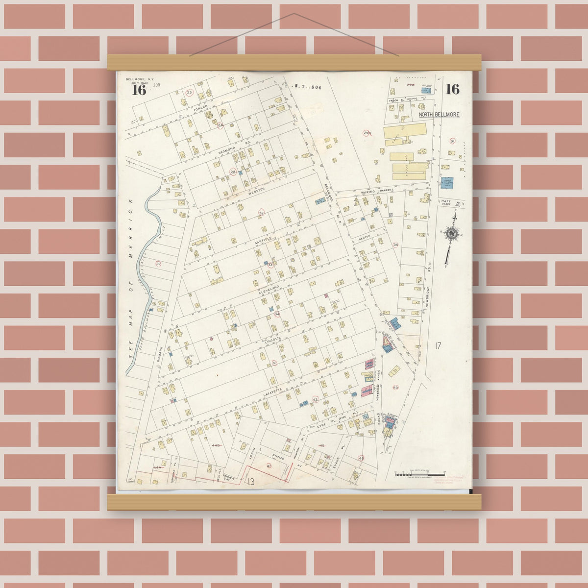 Old map wall art mockup — magnetic wood frame on brick wall — Sanborn Fire Insurance Map from Bellmore, Nassau County, New York (1945), Sheet #0016