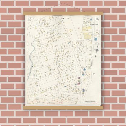 Old map wall art mockup — magnetic wood frame on brick wall — Sanborn Fire Insurance Map from Bellmore, Nassau County, New York (1945), Sheet #0016
