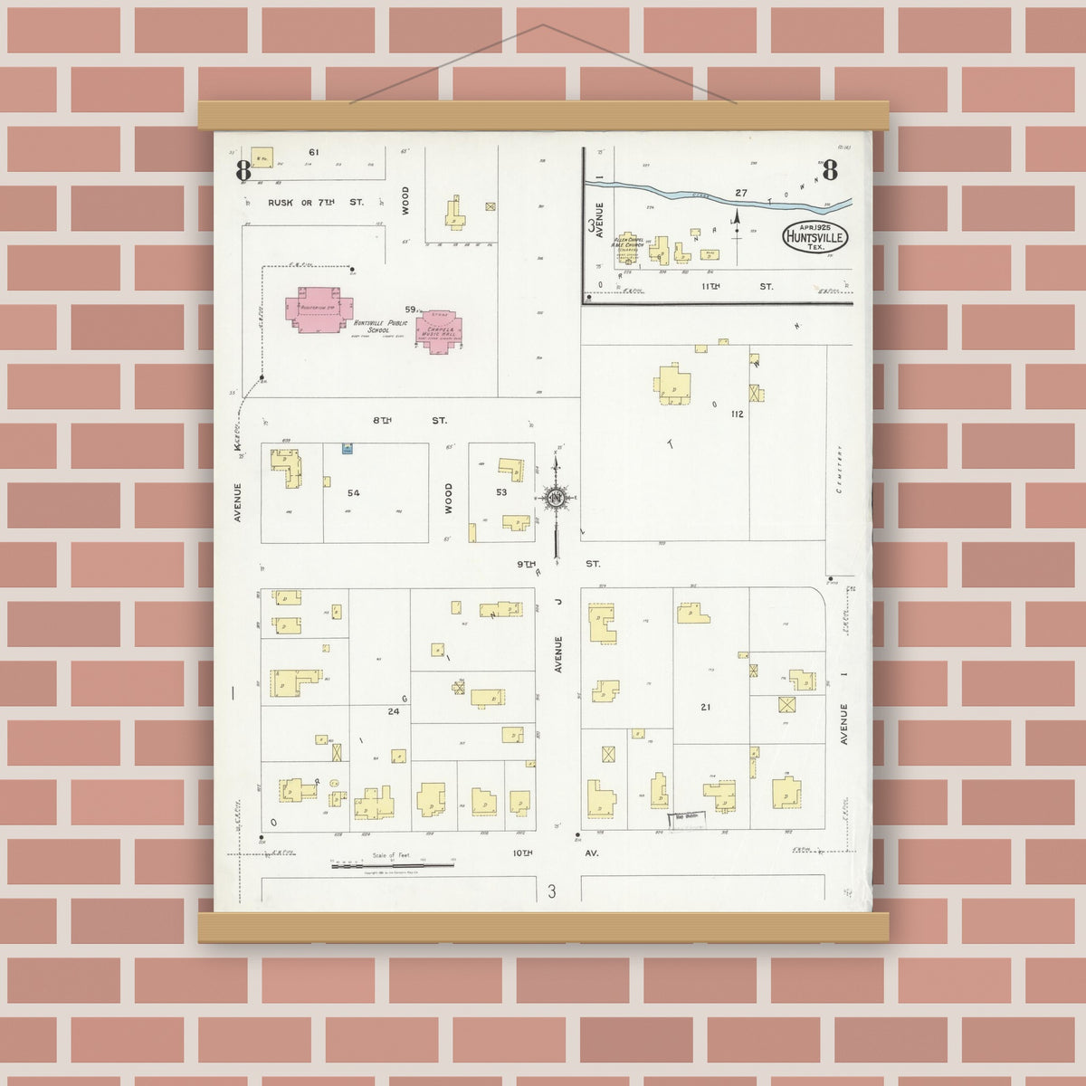 Old map wall art mockup — magnetic wood frame on brick wall — Sanborn Fire Insurance Map from Huntsville, Walker County, Texas (1925), Sheet #0008