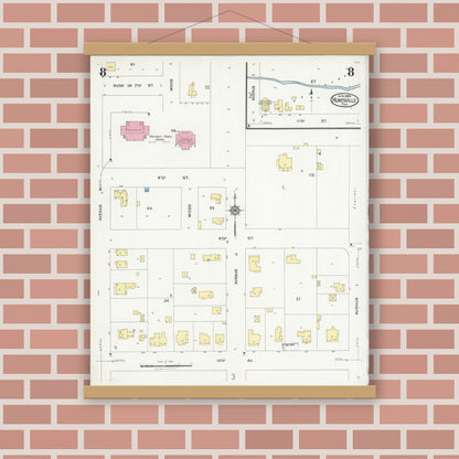 Old map wall art mockup — magnetic wood frame on brick wall — Sanborn Fire Insurance Map from Huntsville, Walker County, Texas (1925), Sheet #0008