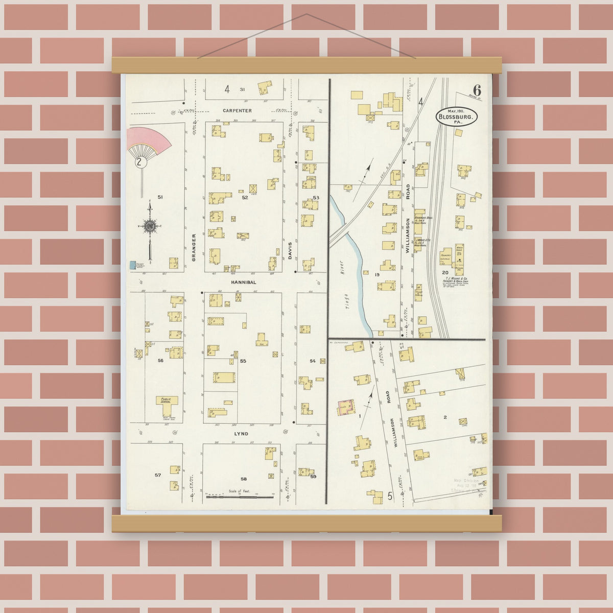 Old map wall art mockup — magnetic wood frame on brick wall — Sanborn Fire Insurance Map from Blossburg, Tioga County, Pennsylvania (1911), Sheet #0006