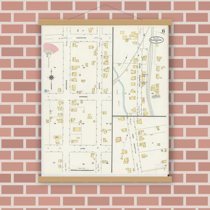 Old map wall art mockup — magnetic wood frame on brick wall — Sanborn Fire Insurance Map from Blossburg, Tioga County, Pennsylvania (1911), Sheet #0006