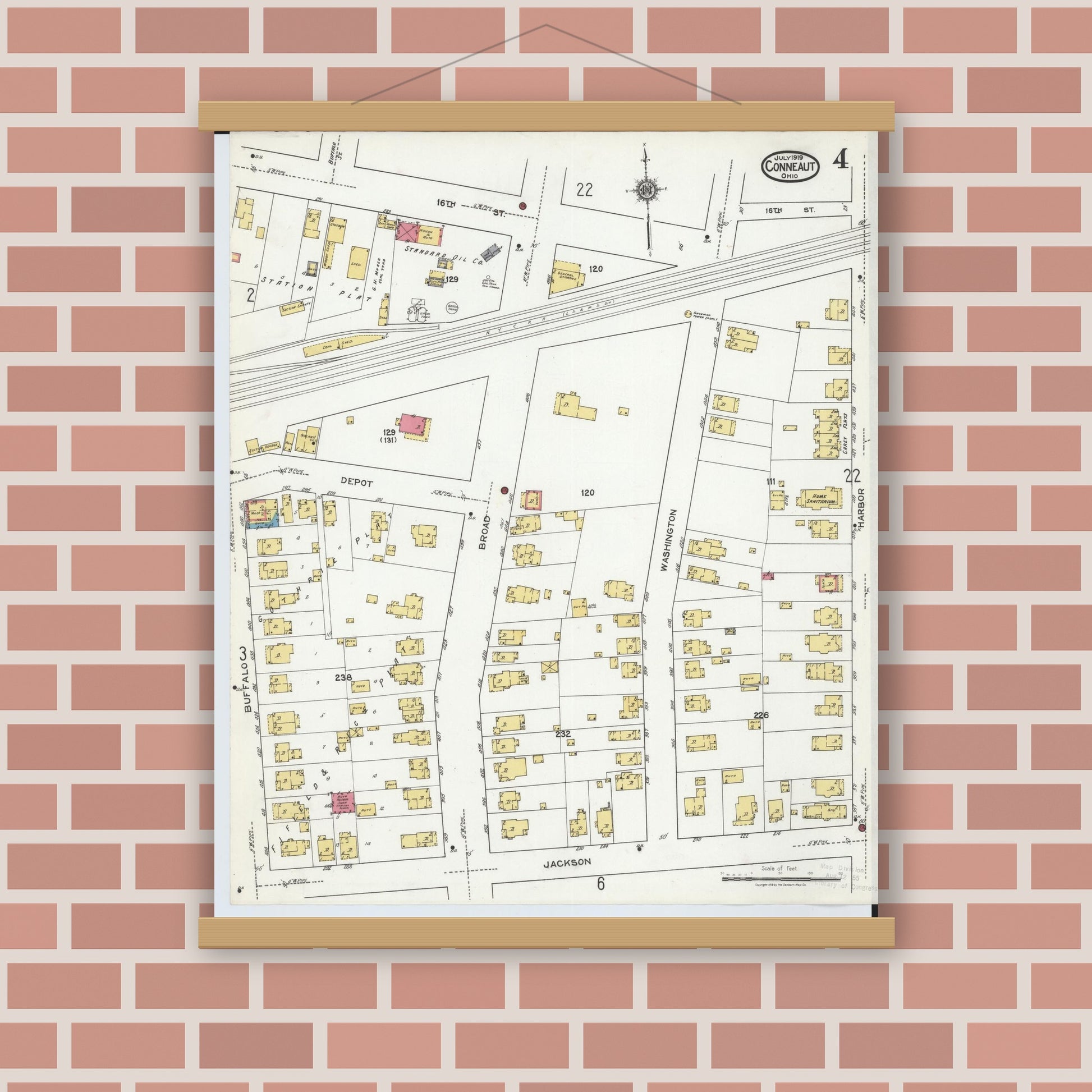 Old map wall art mockup — magnetic wood frame on brick wall — Sanborn Fire Insurance Map from Conneaut, Ashtabula County, Ohio (1919), Sheet #0004
