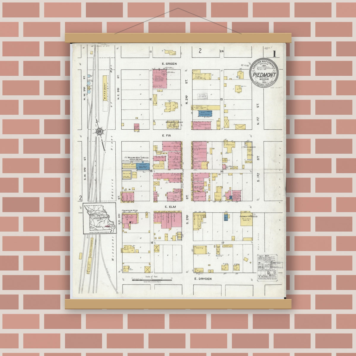 Old map wall art mockup — magnetic wood frame on brick wall — Sanborn Fire Insurance Map from Piedmont, Wayne County, Missouri (1920), Sheet #0001