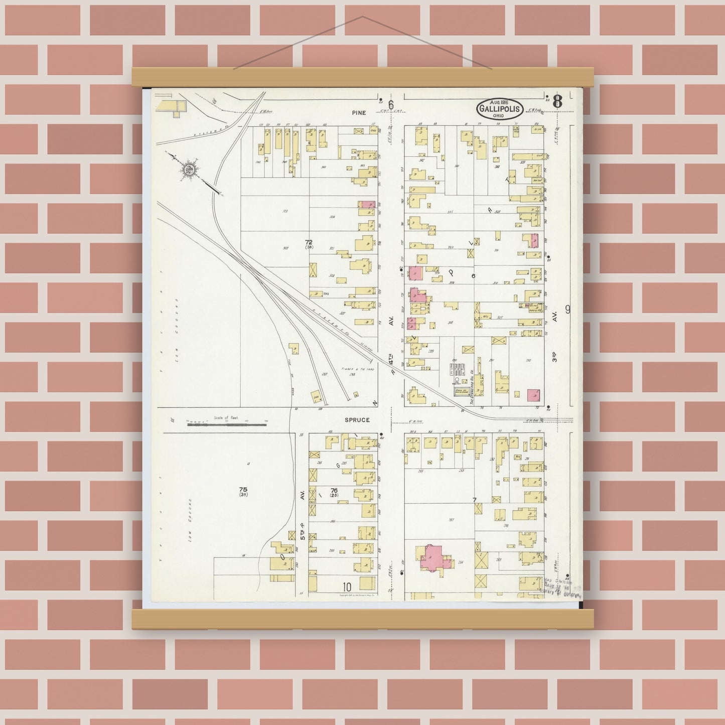 Old map wall art mockup — magnetic wood frame on brick wall — Sanborn Fire Insurance Map from Gallipolis, Gallia County, Ohio (1916), Sheet #0008
