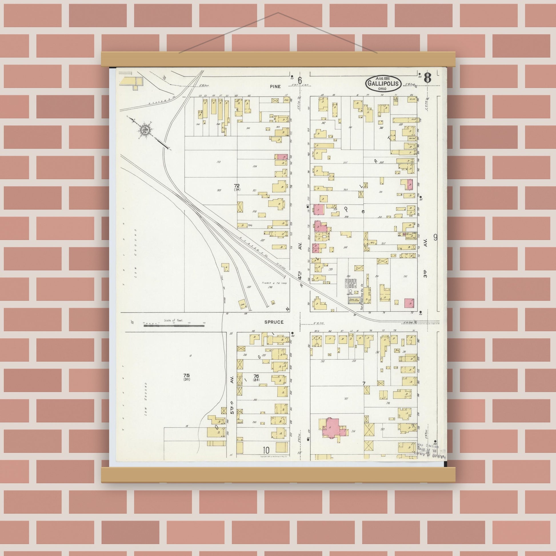 Old map wall art mockup — magnetic wood frame on brick wall — Sanborn Fire Insurance Map from Gallipolis, Gallia County, Ohio (1916), Sheet #0008