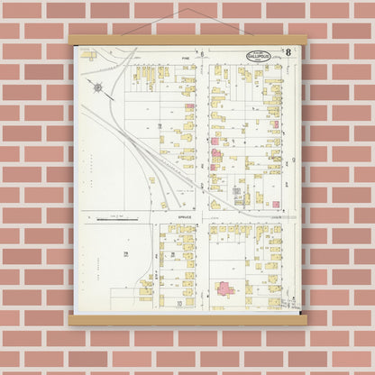 Old map wall art mockup — magnetic wood frame on brick wall — Sanborn Fire Insurance Map from Gallipolis, Gallia County, Ohio (1916), Sheet #0008