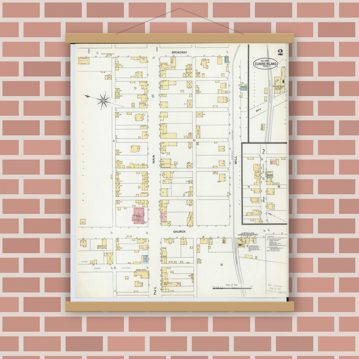 Old map wall art mockup — magnetic wood frame on brick wall — Sanborn Fire Insurance Map from Cumberland, Guernsey County, Ohio (1901), Sheet #0002