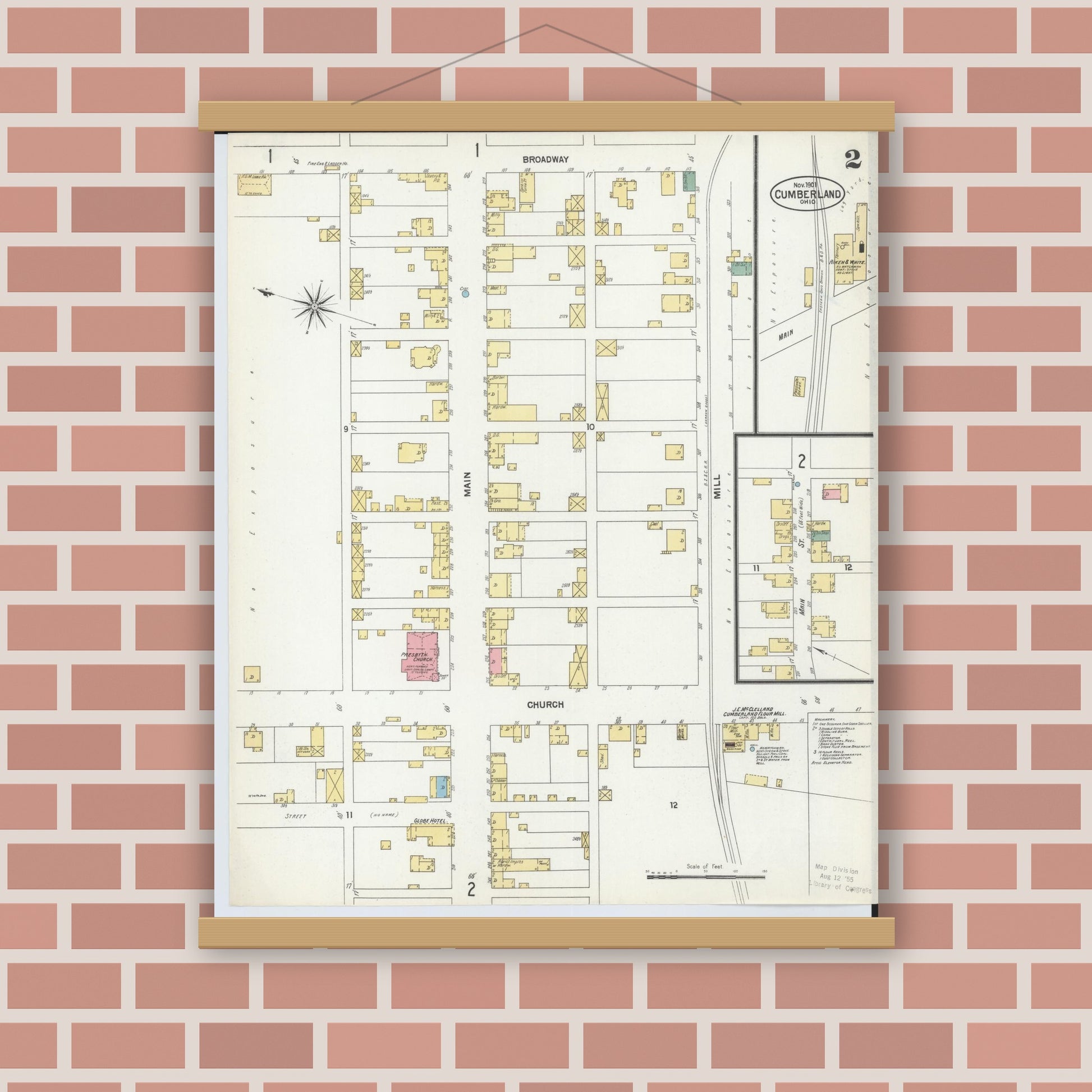 Old map wall art mockup — magnetic wood frame on brick wall — Sanborn Fire Insurance Map from Cumberland, Guernsey County, Ohio (1901), Sheet #0002