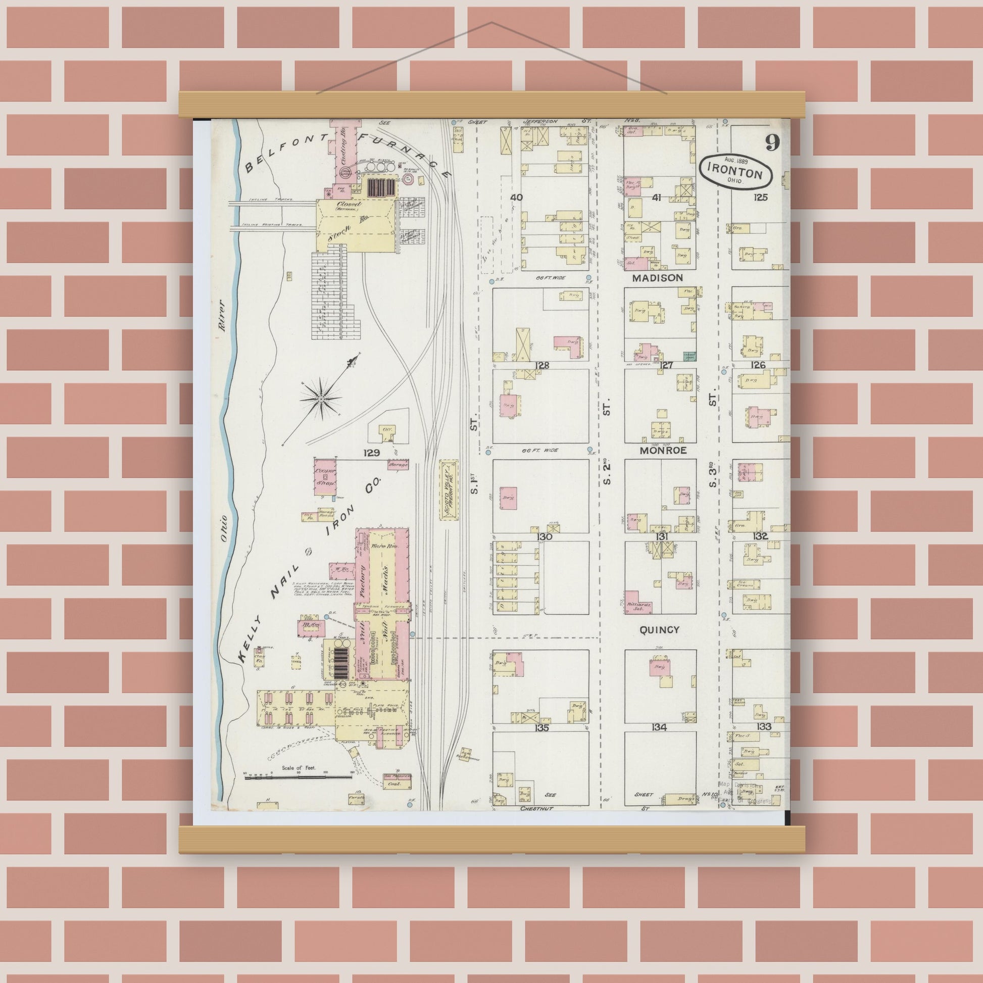 Old map wall art mockup — magnetic wood frame on brick wall — Sanborn Fire Insurance Map from Ironton, Lawrence County, Ohio (1889), Sheet #0009