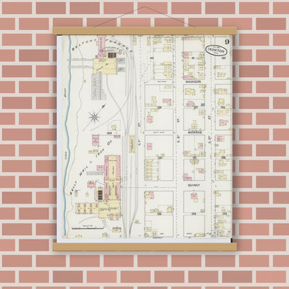 Old map wall art mockup — magnetic wood frame on brick wall — Sanborn Fire Insurance Map from Ironton, Lawrence County, Ohio (1889), Sheet #0009
