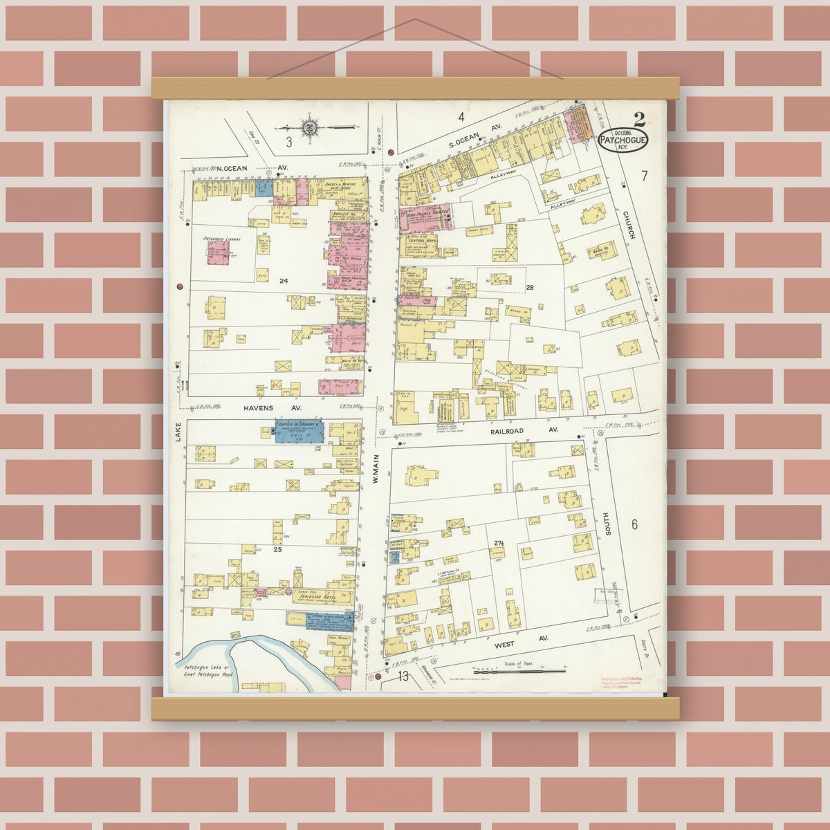 Old map wall art mockup — magnetic wood frame on brick wall — Sanborn Fire Insurance Map from Patchogue, Suffolk County, New York (1916) - Complete Map Set