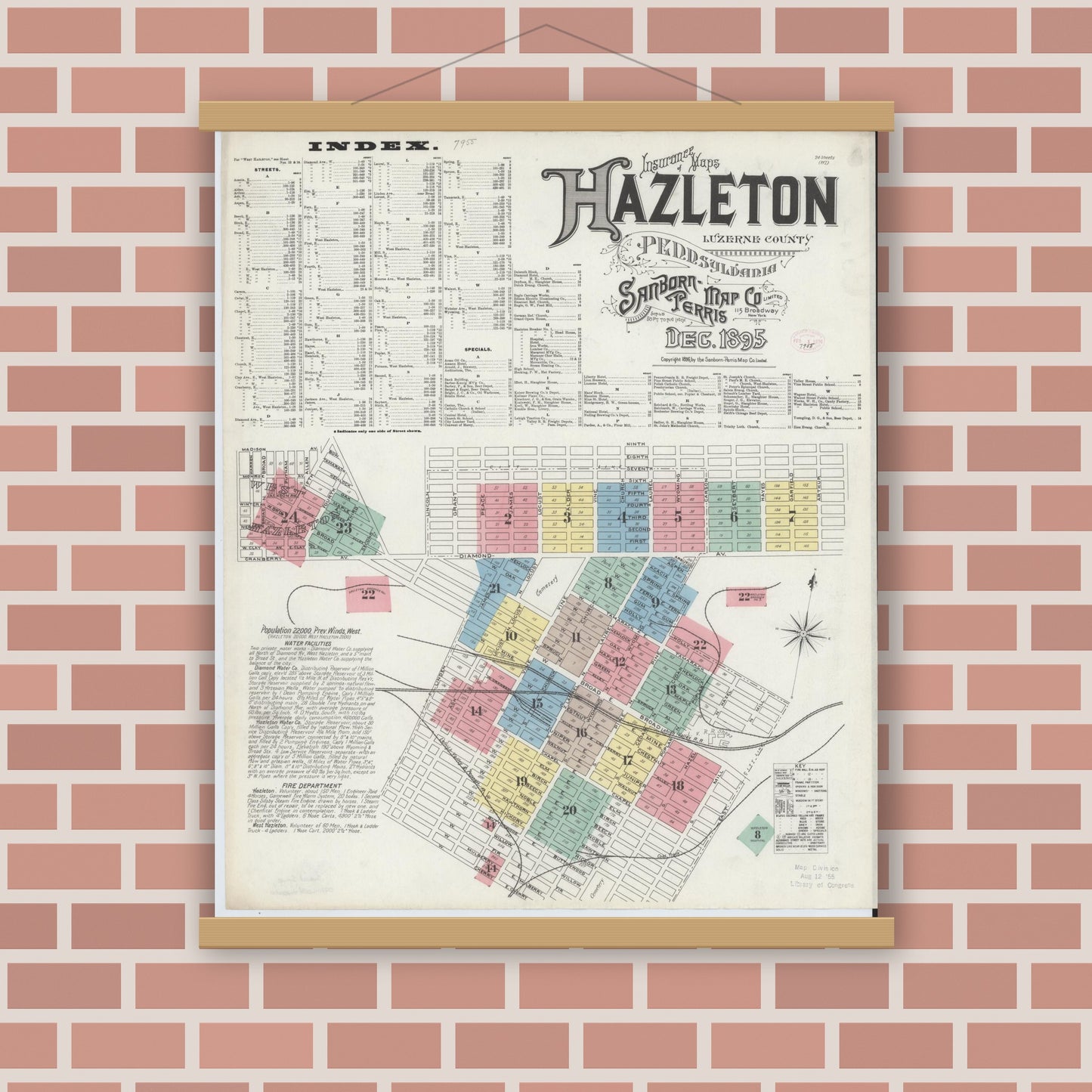Old map wall art mockup — magnetic wood frame on brick wall — Sanborn Fire Insurance Map from Hazleton, Luzerne County, Pennsylvania (1895) - Complete Map Set