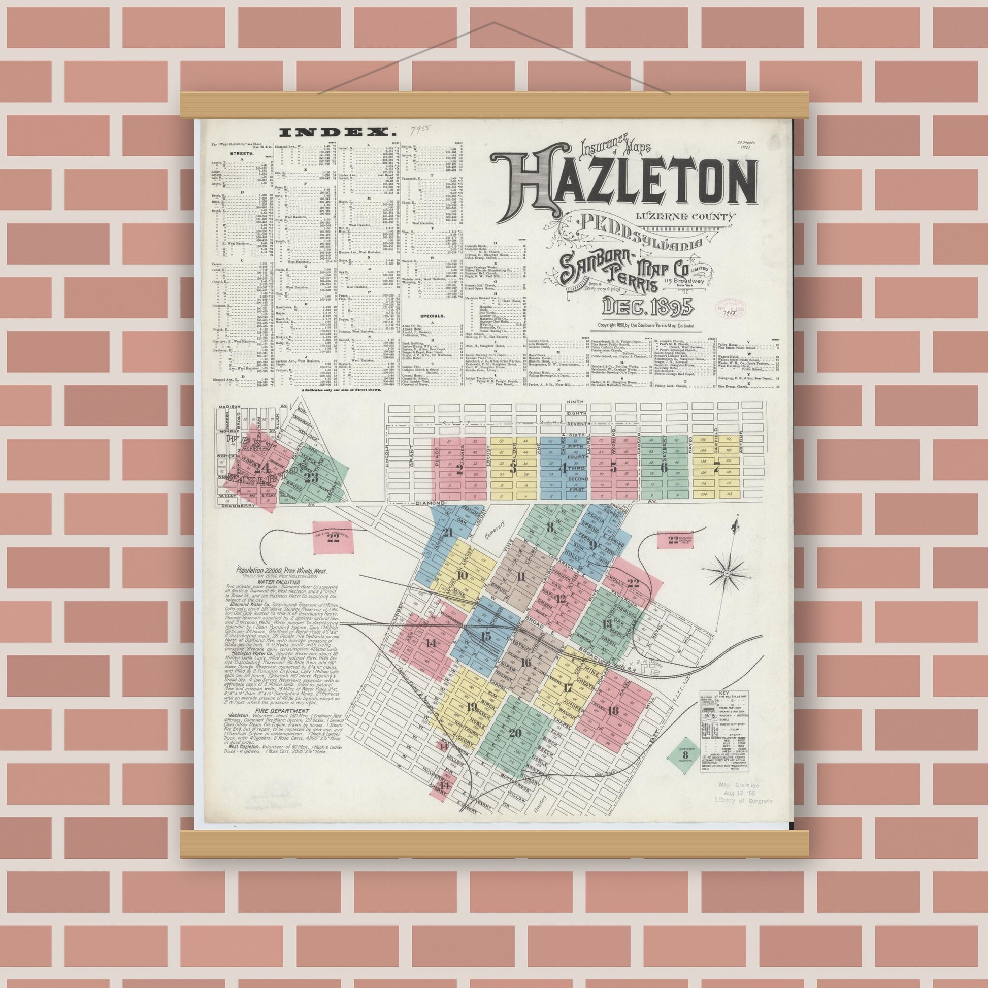 Old map wall art mockup — magnetic wood frame on brick wall — Sanborn Fire Insurance Map from Hazleton, Luzerne County, Pennsylvania (1895) - Complete Map Set