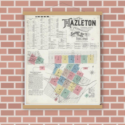 Old map wall art mockup — magnetic wood frame on brick wall — Sanborn Fire Insurance Map from Hazleton, Luzerne County, Pennsylvania (1895) - Complete Map Set