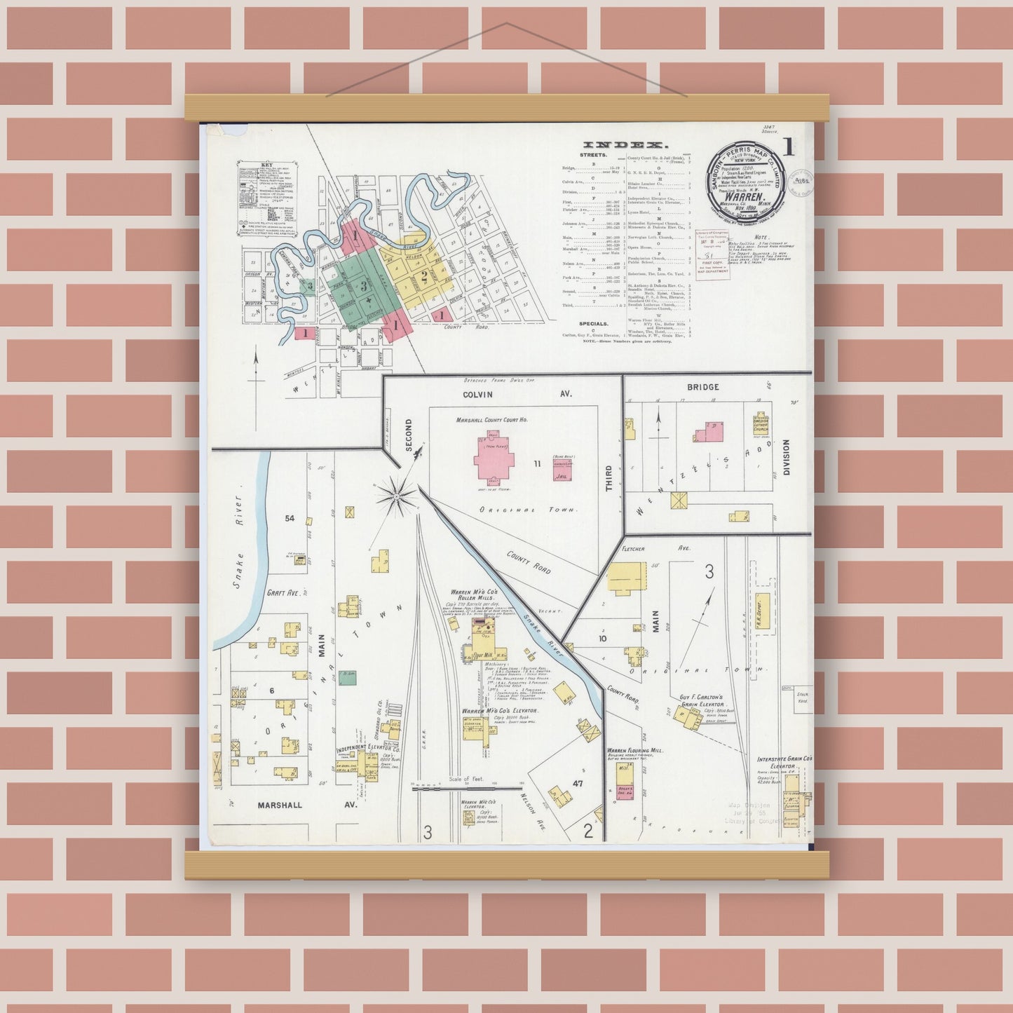 Old map wall art mockup — magnetic wood frame on brick wall — Sanborn Fire Insurance Map from Warren, Marshall County, Minnesota (1899), Sheet #0001