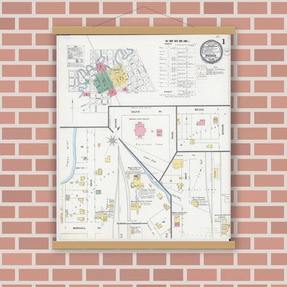 Old map wall art mockup — magnetic wood frame on brick wall — Sanborn Fire Insurance Map from Warren, Marshall County, Minnesota (1899), Sheet #0001