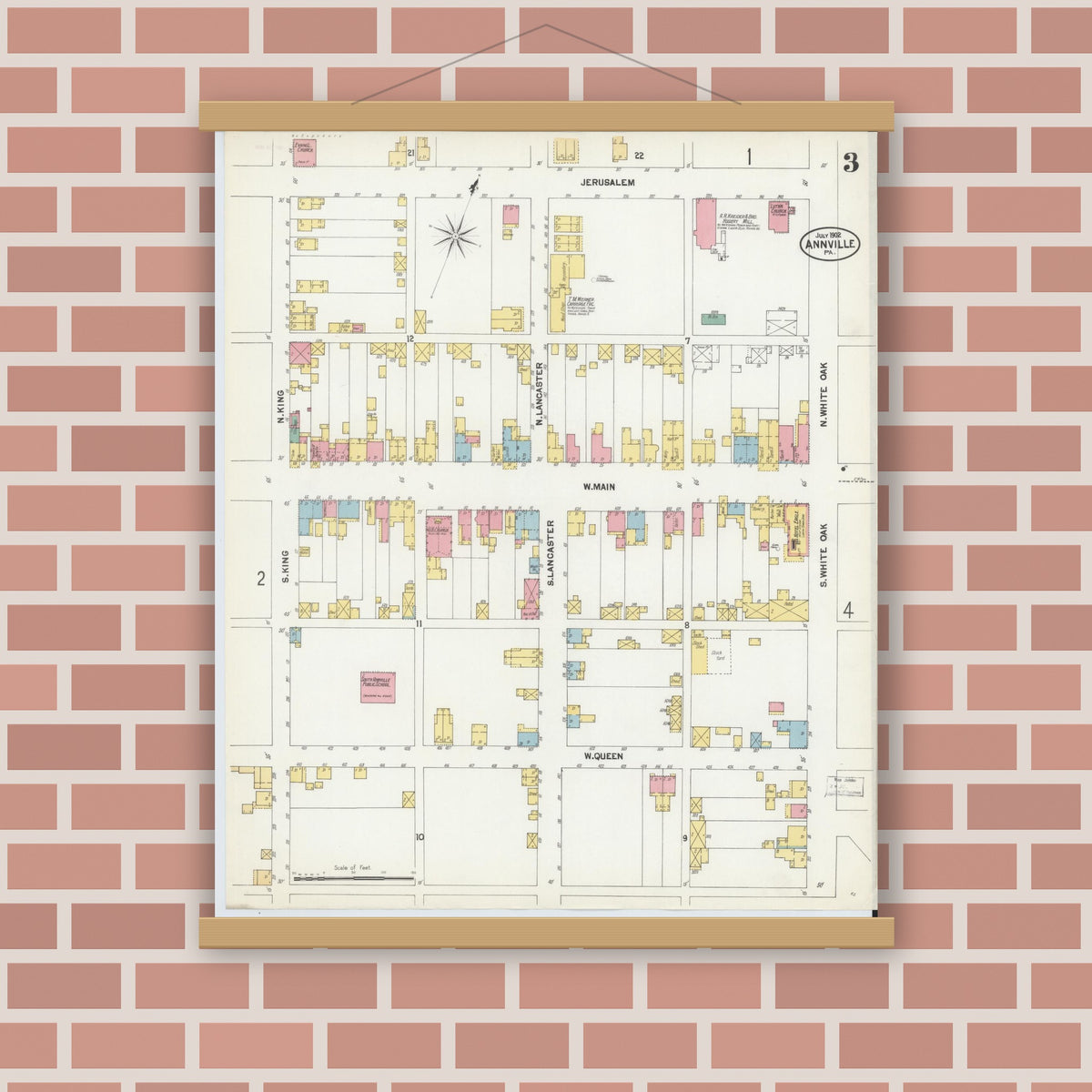 Old map wall art mockup — magnetic wood frame on brick wall — Sanborn Fire Insurance Map from Annville, Lebanon County, Pennsylvania (1902), Sheet #0003