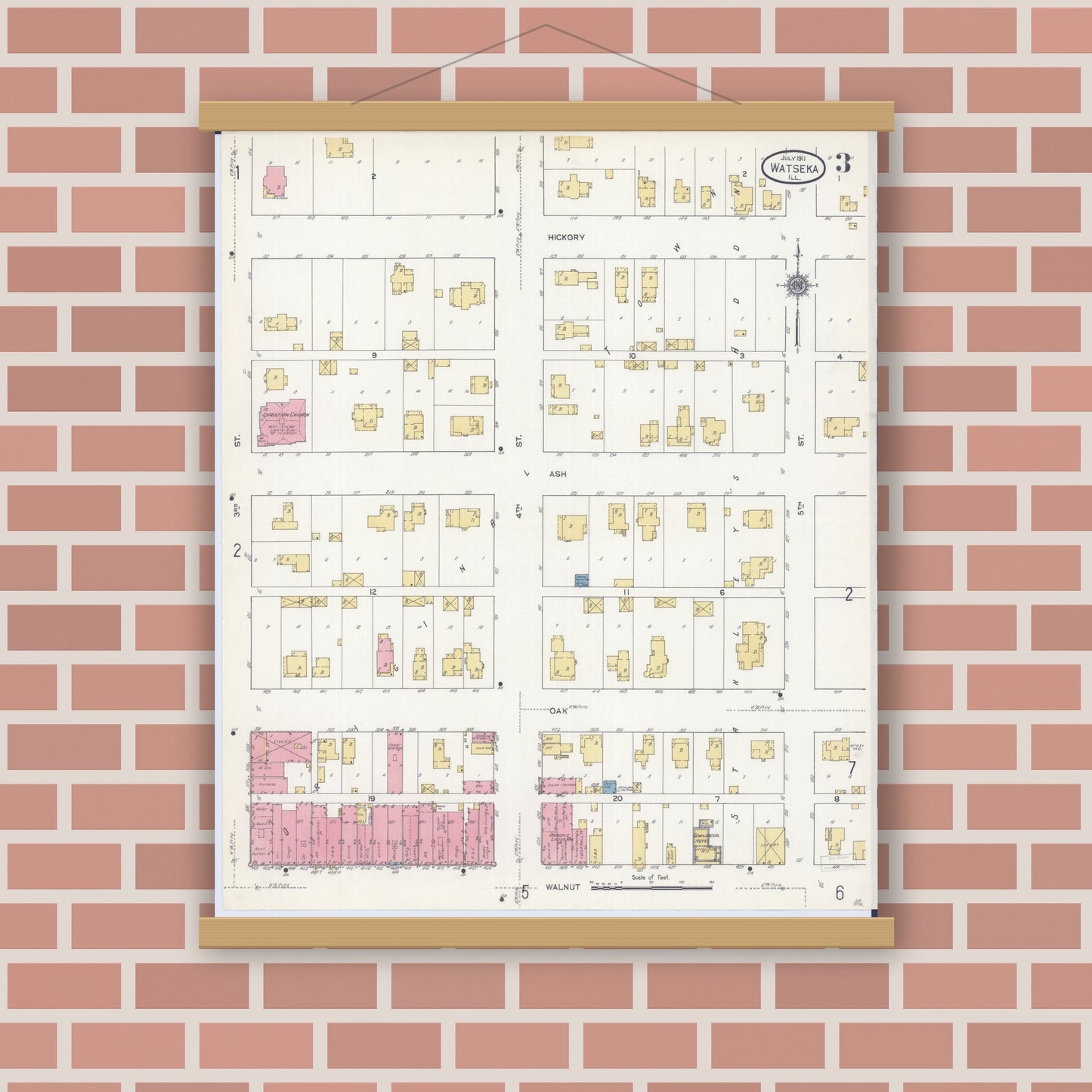 Old map wall art mockup — magnetic wood frame on brick wall — Sanborn Fire Insurance Map from Watseka, Iroquois County, Illinois (1911), Sheet #0003