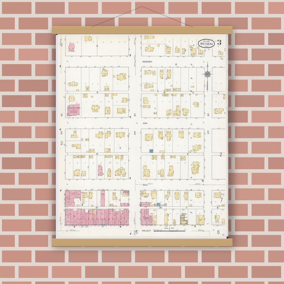 Old map wall art mockup — magnetic wood frame on brick wall — Sanborn Fire Insurance Map from Watseka, Iroquois County, Illinois (1911), Sheet #0003