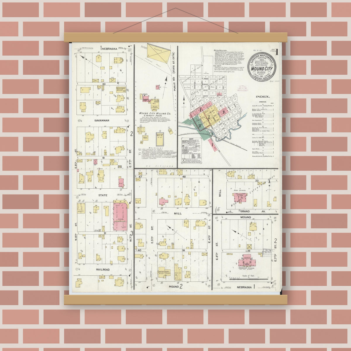 Old map wall art mockup — magnetic wood frame on brick wall — Sanborn Fire Insurance Map from Mound City, Holt County, Missouri (1911) - Complete Map Set