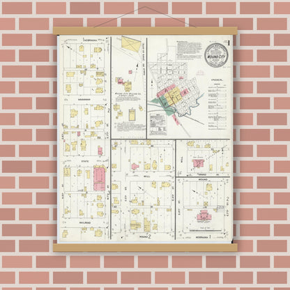 Old map wall art mockup — magnetic wood frame on brick wall — Sanborn Fire Insurance Map from Mound City, Holt County, Missouri (1911) - Complete Map Set