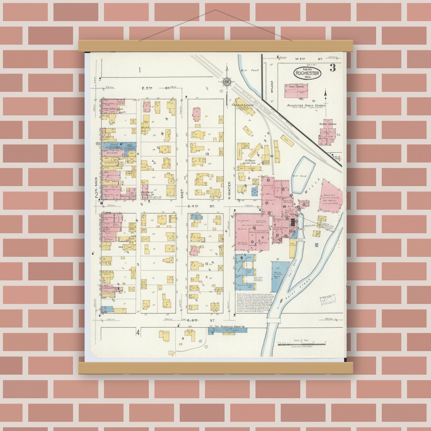 Old map wall art mockup — magnetic wood frame on brick wall — Sanborn Fire Insurance Map from Rochester, Oakland County, Michigan (1919), Sheet #0003