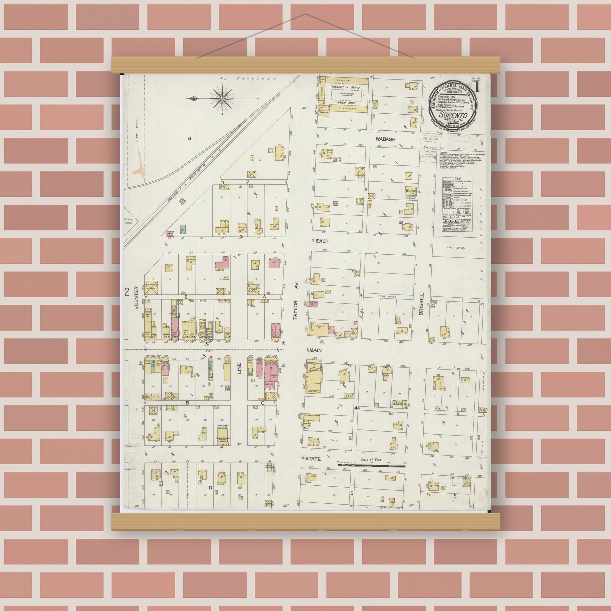 Old map wall art mockup — magnetic wood frame on brick wall — Sanborn Fire Insurance Map from Sorento, Bond County, Illinois (1899) - Complete Map Set