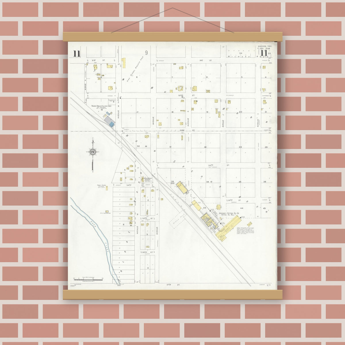 Old map wall art mockup — magnetic wood frame on brick wall — Sanborn Fire Insurance Map from Snyder, Scurry County, Texas (1936), Sheet #0011