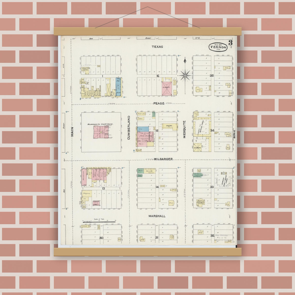 Old map wall art mockup — magnetic wood frame on brick wall — Sanborn Fire Insurance Map from Vernon, Wilbarger County, Texas (1891), Sheet #0003