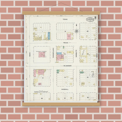 Old map wall art mockup — magnetic wood frame on brick wall — Sanborn Fire Insurance Map from Vernon, Wilbarger County, Texas (1891), Sheet #0003