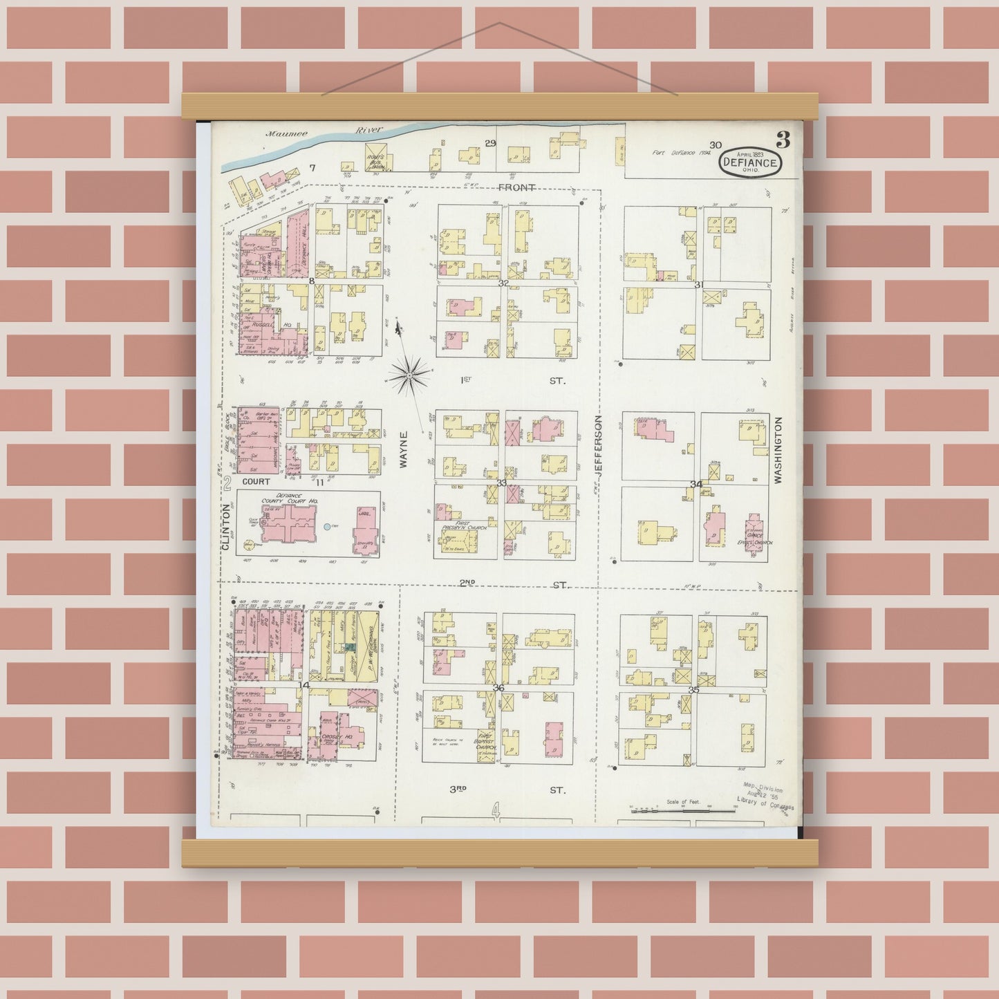 Old map wall art mockup — magnetic wood frame on brick wall — Sanborn Fire Insurance Map from Defiance, Defiance County, Ohio (1893), Sheet #0003