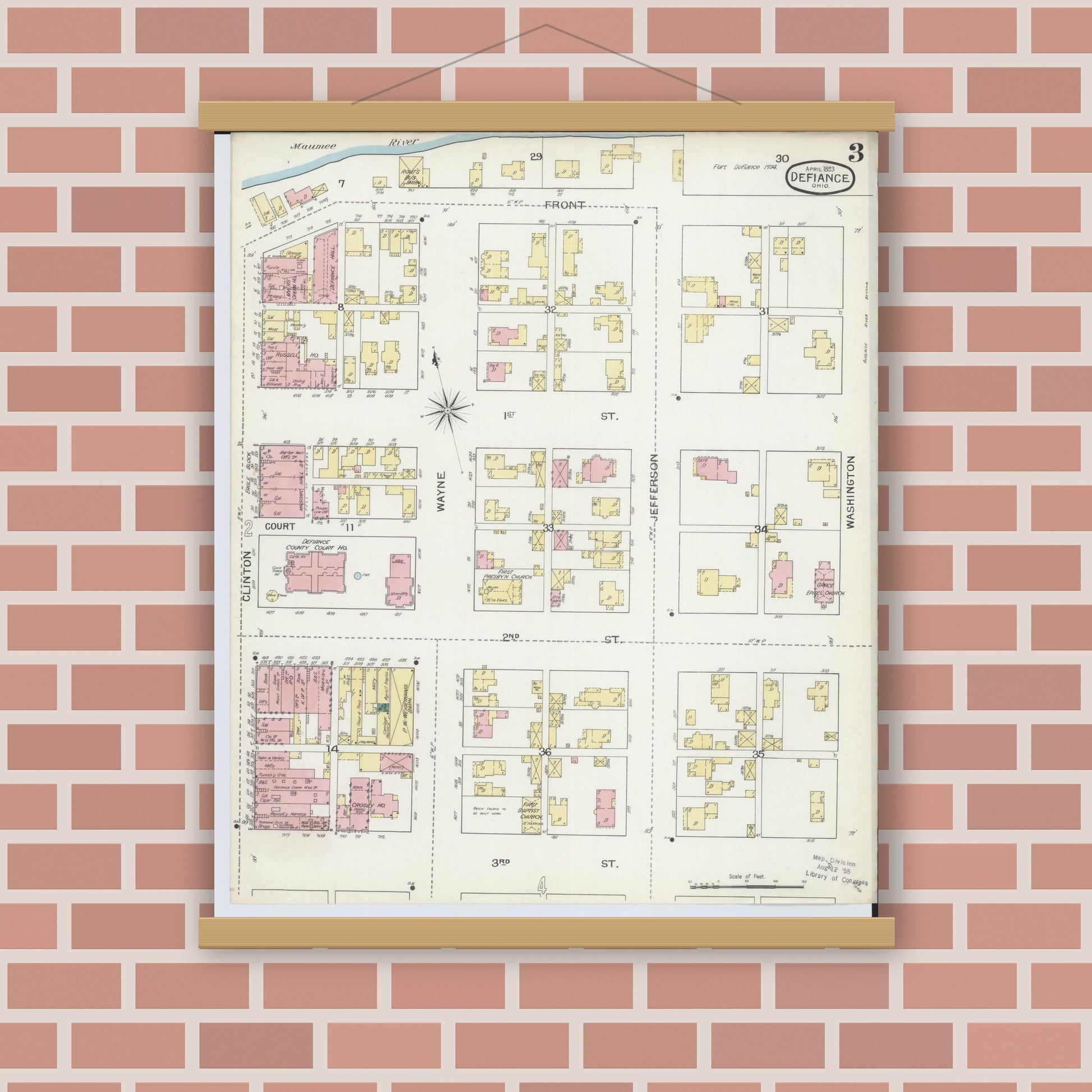 Old map wall art mockup — magnetic wood frame on brick wall — Sanborn Fire Insurance Map from Defiance, Defiance County, Ohio (1893), Sheet #0003