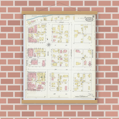 Old map wall art mockup — magnetic wood frame on brick wall — Sanborn Fire Insurance Map from Defiance, Defiance County, Ohio (1893), Sheet #0003