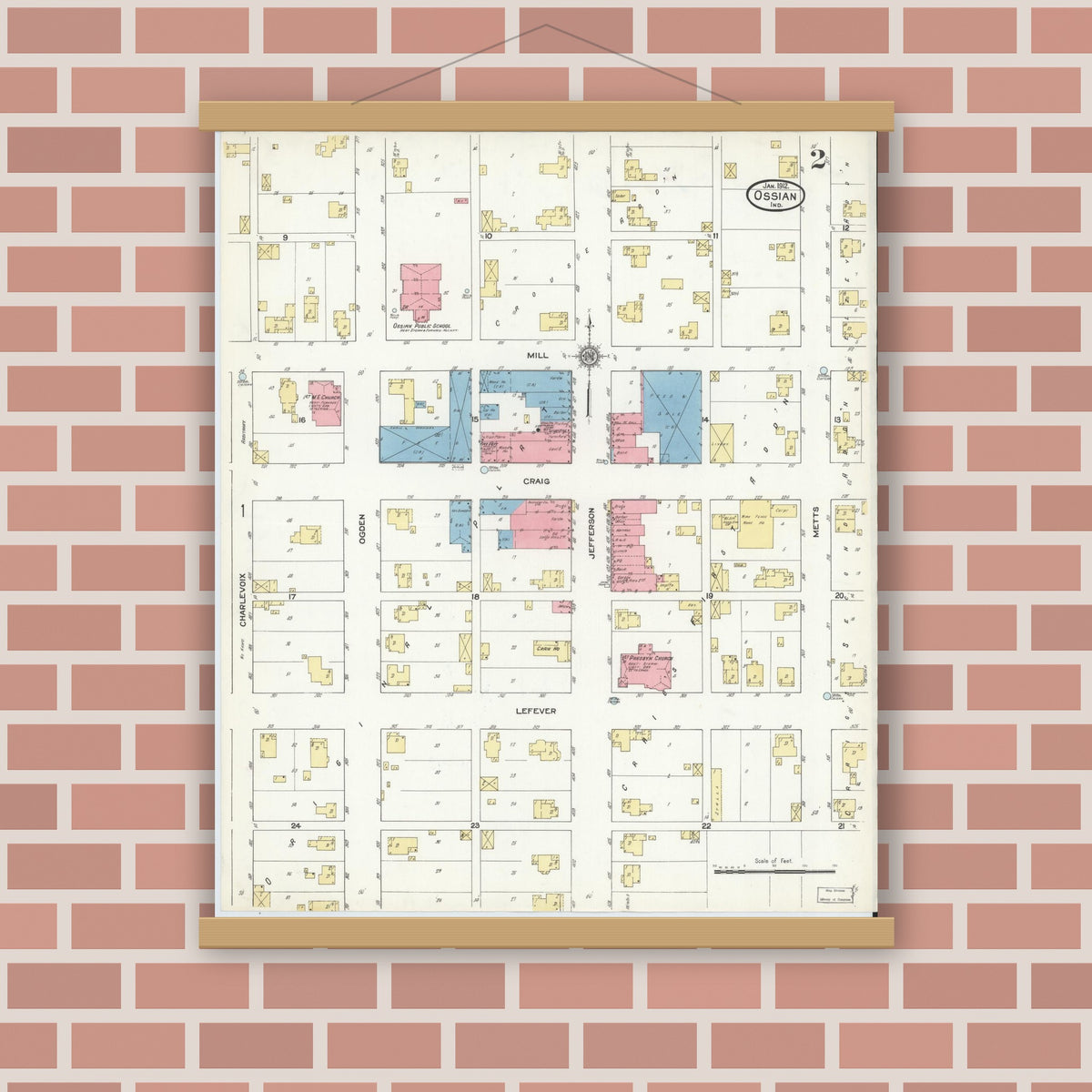 Old map wall art mockup — magnetic wood frame on brick wall — Sanborn Fire Insurance Map from Ossian, Wells County, Indiana (1912), Sheet #0002