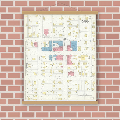 Old map wall art mockup — magnetic wood frame on brick wall — Sanborn Fire Insurance Map from Ossian, Wells County, Indiana (1912), Sheet #0002