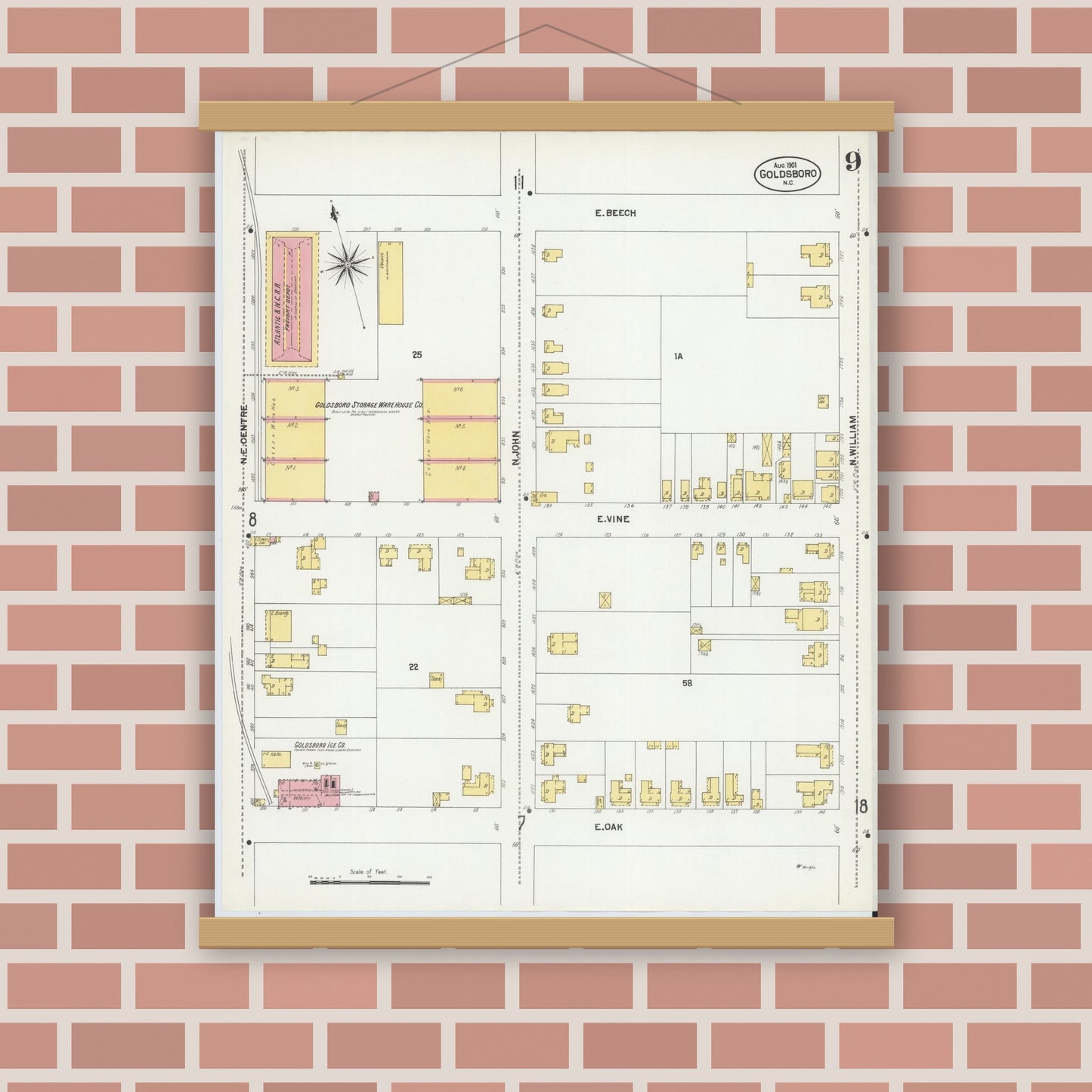 Old map wall art mockup — magnetic wood frame on brick wall — Sanborn Fire Insurance Map from Goldsboro, Wayne County, North Carolina (1901), Sheet #0009