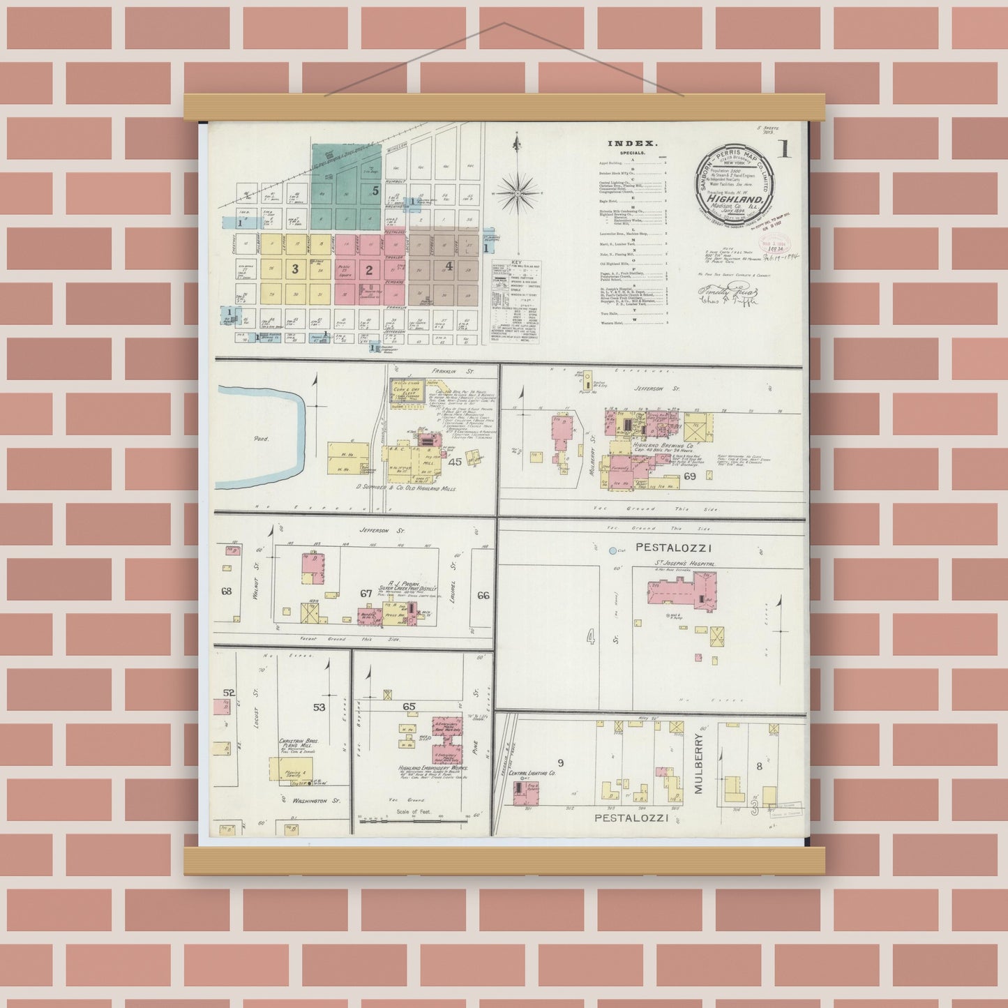 Old map wall art mockup — magnetic wood frame on brick wall — Sanborn Fire Insurance Map from Highland, Madison County, Illinois (1894), Sheet #0001