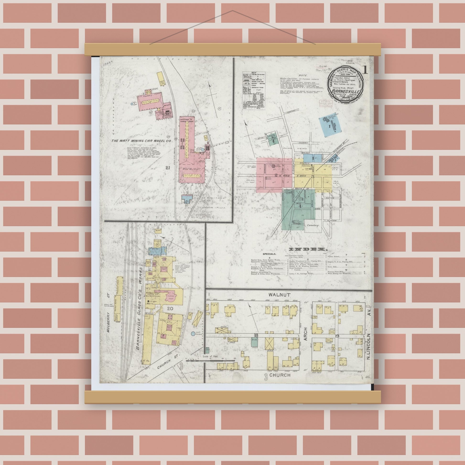 Old map wall art mockup — magnetic wood frame on brick wall — Sanborn Fire Insurance Map from Barnesville, Belmont County, Ohio (1893), Sheet #0001