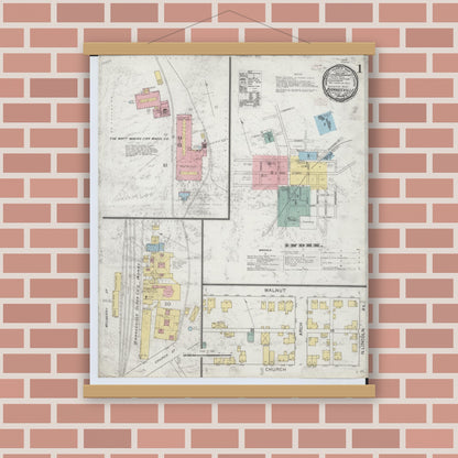 Old map wall art mockup — magnetic wood frame on brick wall — Sanborn Fire Insurance Map from Barnesville, Belmont County, Ohio (1893), Sheet #0001