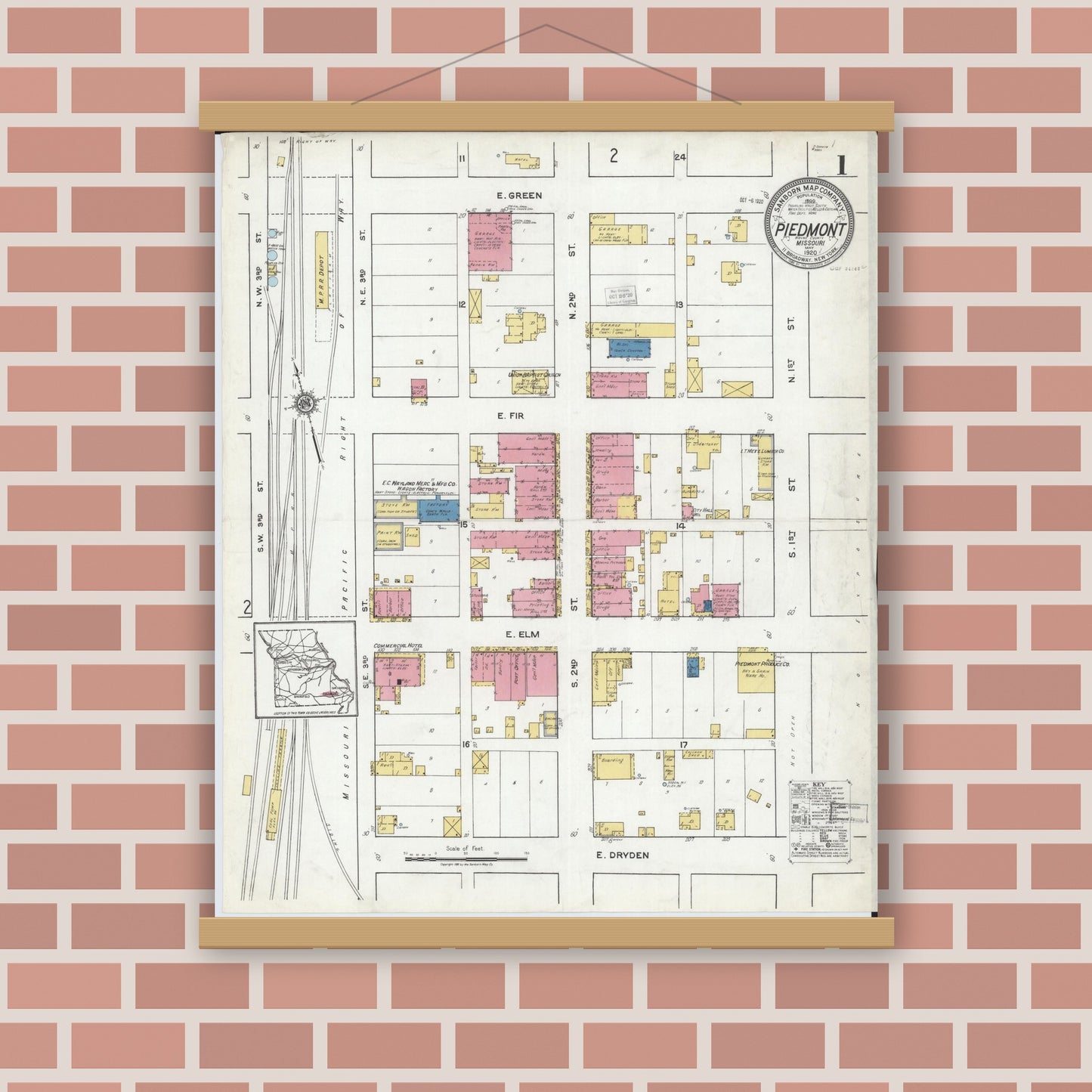 Old map wall art mockup — magnetic wood frame on brick wall — Sanborn Fire Insurance Map from Piedmont, Wayne County, Missouri (1920) - Complete Map Set