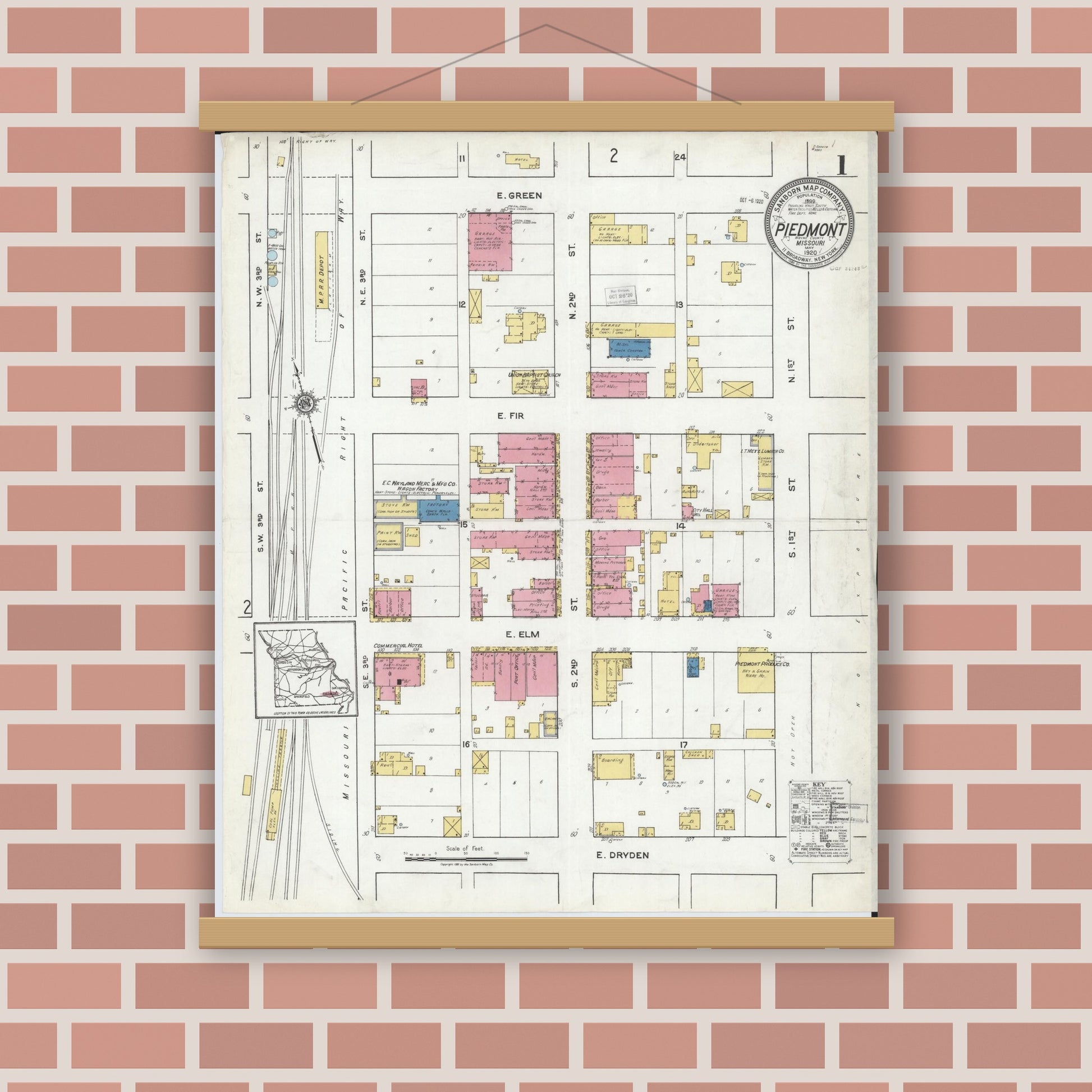 Old map wall art mockup — magnetic wood frame on brick wall — Sanborn Fire Insurance Map from Piedmont, Wayne County, Missouri (1920) - Complete Map Set