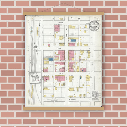 Old map wall art mockup — magnetic wood frame on brick wall — Sanborn Fire Insurance Map from Piedmont, Wayne County, Missouri (1920) - Complete Map Set