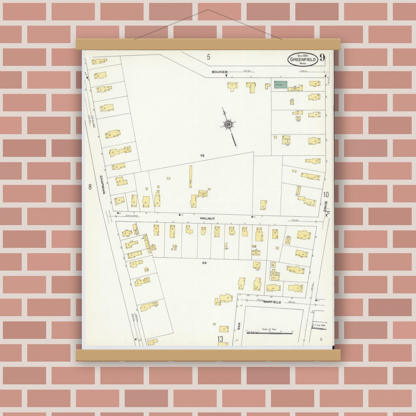 Old map wall art mockup — magnetic wood frame on brick wall — Sanborn Fire Insurance Map from Greenfield, Franklin County, Massachusetts (1909), Sheet #0009