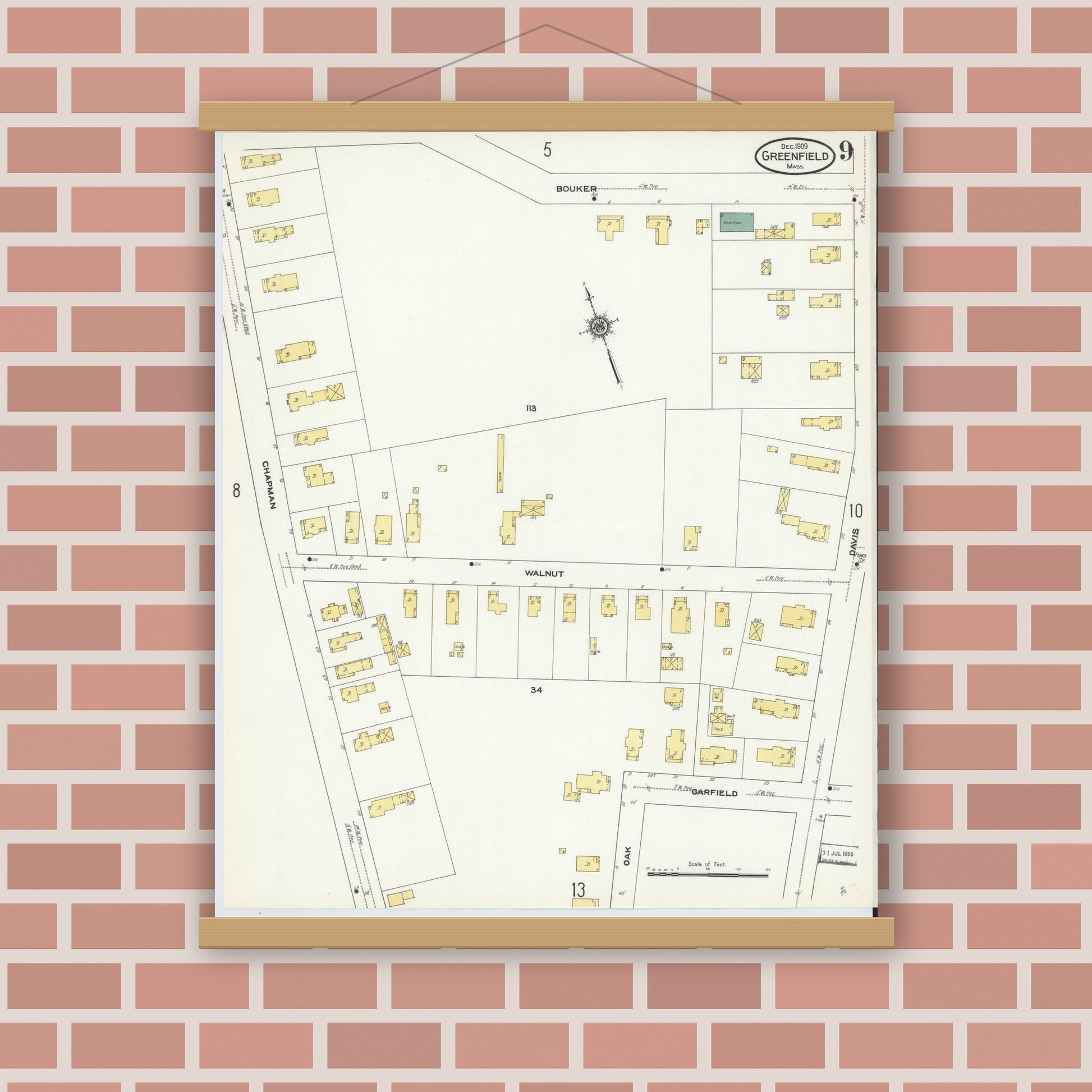 Old map wall art mockup — magnetic wood frame on brick wall — Sanborn Fire Insurance Map from Greenfield, Franklin County, Massachusetts (1909), Sheet #0009