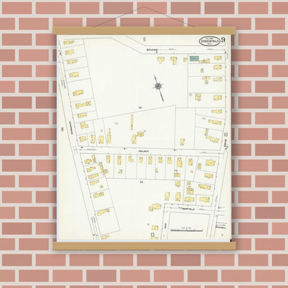 Old map wall art mockup — magnetic wood frame on brick wall — Sanborn Fire Insurance Map from Greenfield, Franklin County, Massachusetts (1909), Sheet #0009