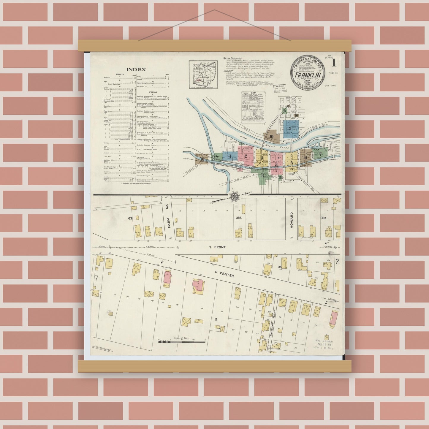 Old map wall art mockup — magnetic wood frame on brick wall — Sanborn Fire Insurance Map from Franklin, Warren County, Ohio (1916) - Complete Map Set