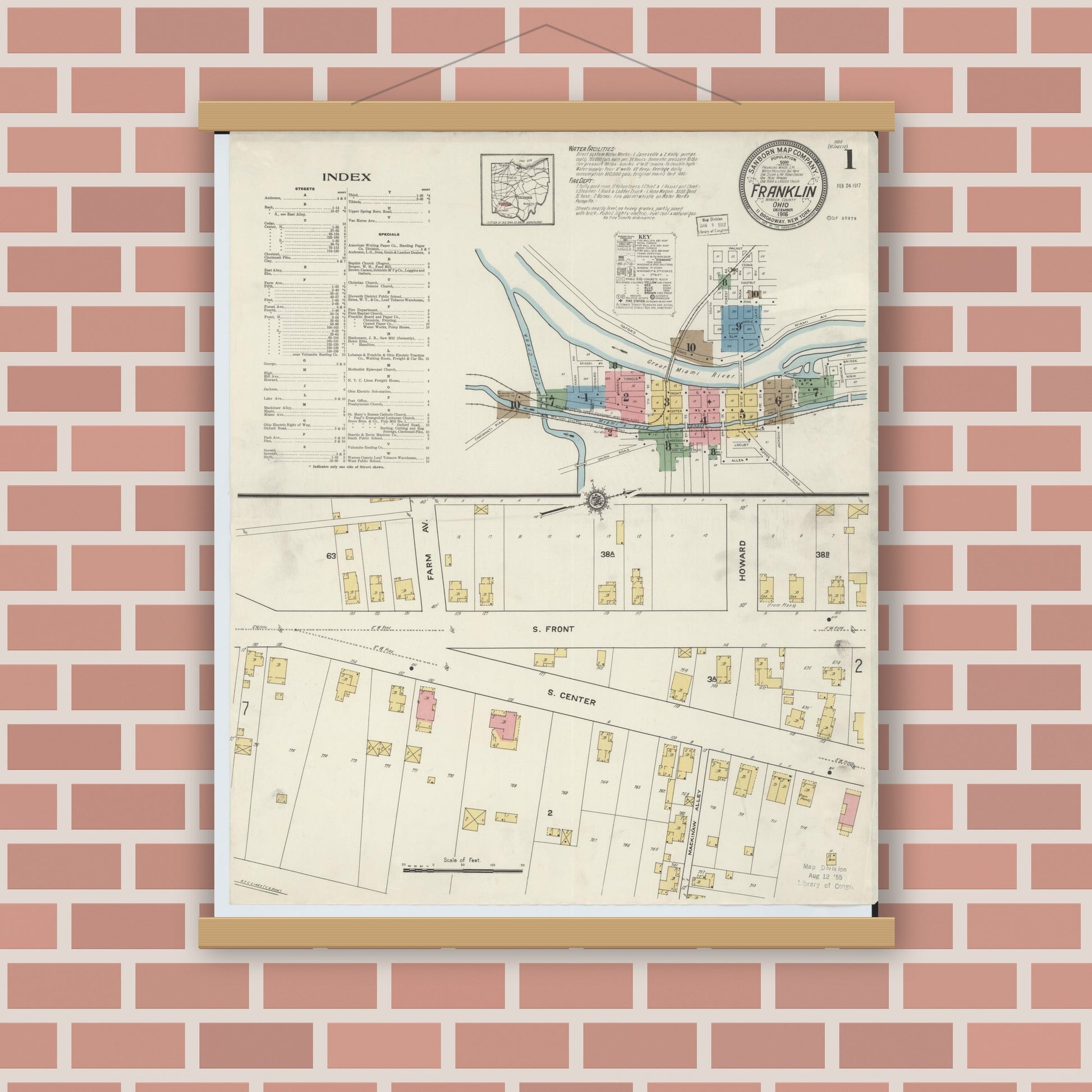 Old map wall art mockup — magnetic wood frame on brick wall — Sanborn Fire Insurance Map from Franklin, Warren County, Ohio (1916) - Complete Map Set